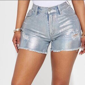 Iridescent Metallic Foil Silver Ripped Denim Shorts